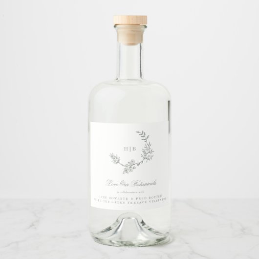 Monogram Sage Groene krans Klassieke bruiloft gin Likeurfles Etiket (Voorkant)