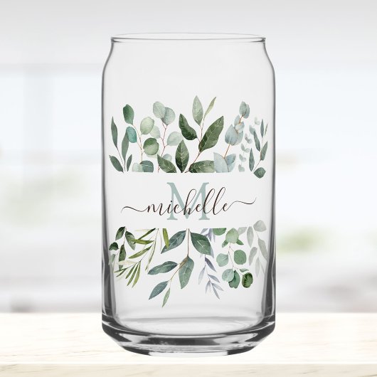 Monogram Salie Groene Eucalyptus Groene Bladeren   Blikvorm Glas