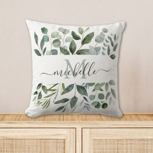 Monogram Salie Groene Eucalyptus Groene Bladeren   Kussen