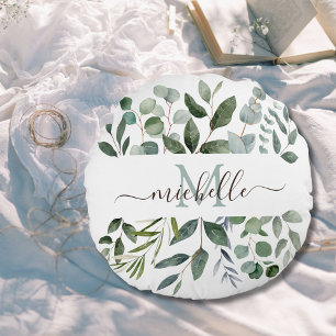 Monogram Salie Groene Eucalyptus Groene Bladeren Rond Kussen