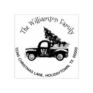 Monogram Santa Red Truck Return Address Kerstmis Rubberstempel