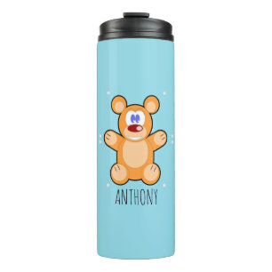 Monogram schattige bruine teddybeer op blauw thermosbeker