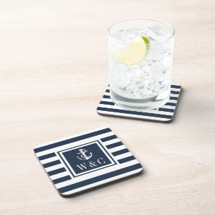 Monogram Scheepsanker Navyblauwe Streep Bier Onderzetter