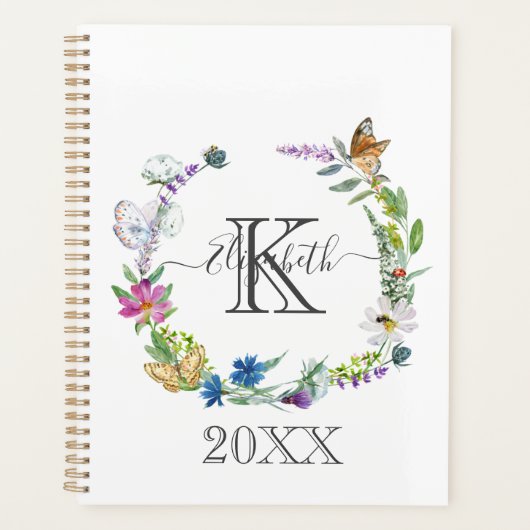 Monogram Schrift Calligrafie Vlinders Bloemen Planner (Voorkant)