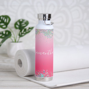 Monogram Schrift Naam Roze Glitter Meisjesachtige Waterfles