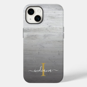 Monogram Schrift Naam Rustic Gedrukt Grijs Hout Case-Mate iPhone 14 Hoesje