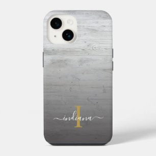 Monogram Schrift Naam Rustic Gedrukt Grijs Hout iPhone 14 Hoesje
