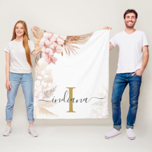Monogram Schrift Pampas Gras Naam Initiaal Palmen Fleece Deken