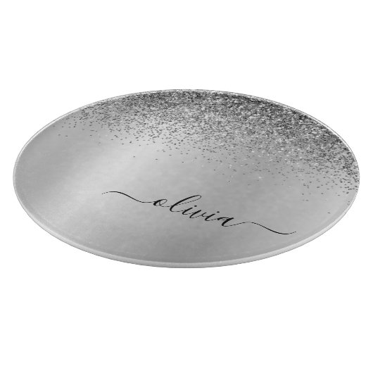 Monogram Schrift Zilver Zwart Glitter Meisjesachti Snijplank (Hoek)