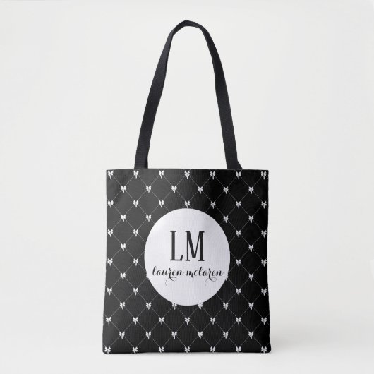 Monogram Script Bow Tote Tas – Zwart & Wit (Voorkant)