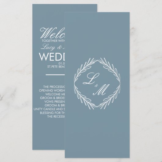 Monogram Script Branch Dusty Blue Wedding Program Menu (Voorkant / Achterkant)
