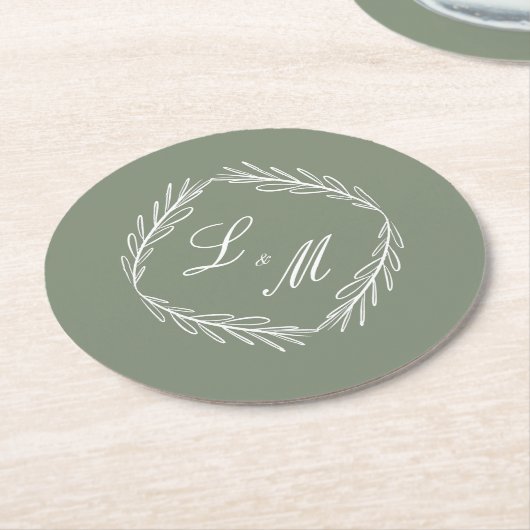Monogram Script Branch Sage Green Wedding Ronde Kartonnen Onderzetter (Gebogen)