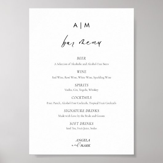 Monogram Script Bruiloft Bar Drinken Menu Sign Poster (Voorkant)