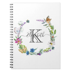 Monogram Script Calligraphy Butterflies Flowers Notitieboek