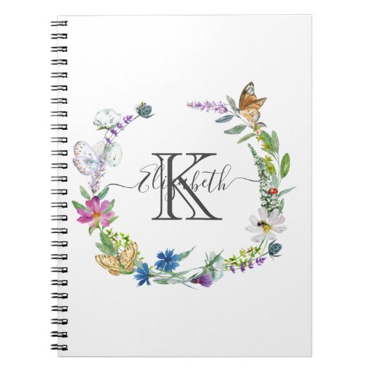 Monogram Script Calligraphy Butterflies Flowers Notitieboek (Voorkant)