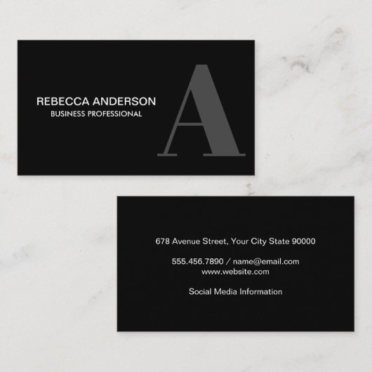 Monogram Script grijs | Zwarte achtergrond Busines Visitekaartje (Voorkant / Achterkant)