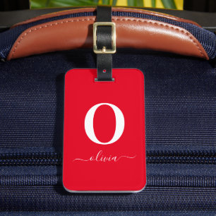 Monogram Script Naam Persoonlijk Rood en Wit Bagagelabel