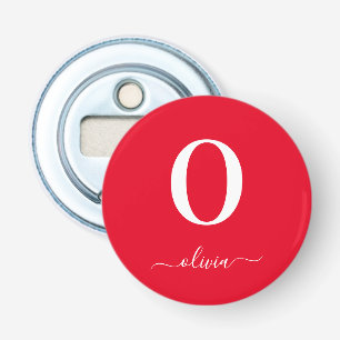 Monogram Script Naam Persoonlijk Rood en Wit Button Flesopener