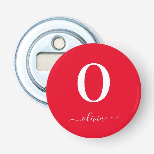Monogram Script Naam Persoonlijk Rood en Wit Button Flesopener (Voorkant)