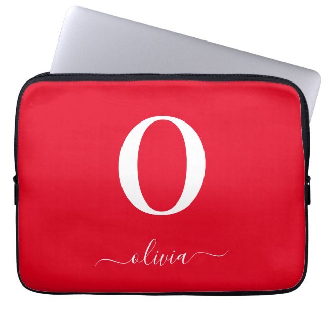Monogram Script Naam Persoonlijk Rood en Wit Laptop Sleeve (Voorkant)