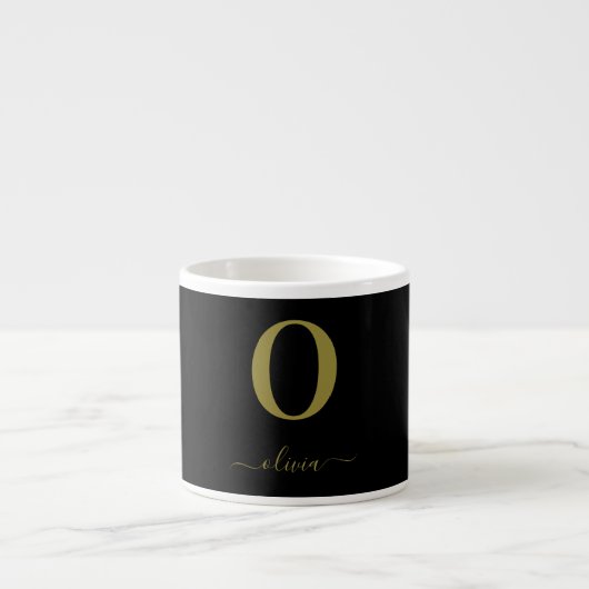 Monogram Script Naam Persoonlijk Zwart En Goud Espresso Kop (Voorkant)