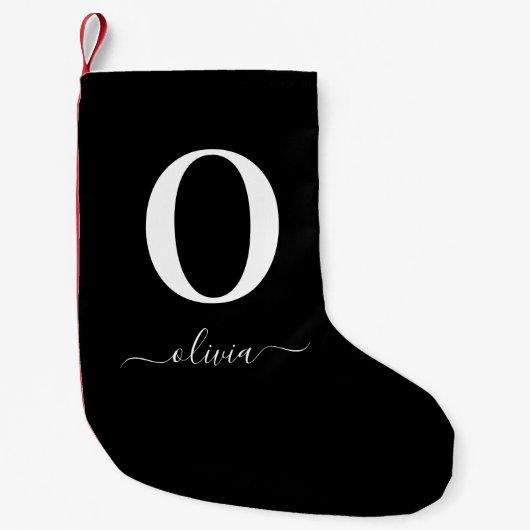 Monogram Script Naam Persoonlijk Zwart En Wit Kleine Kerstsok (Voorkant)