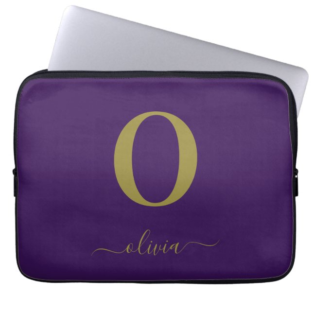 Monogram Script Naam Persoonlijke Paars En Goud Laptop Sleeve (Voorkant)