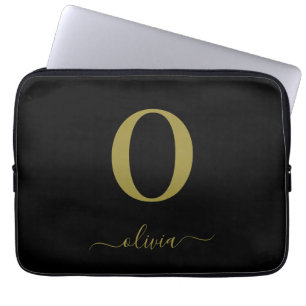 Monogram Script Naam Persoonlijke Zwarte En Gouden Laptop Sleeve