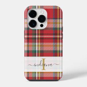 Monogram Script Naam Plaid Rood Patroon Rustiek iPhone 14 Plus Hoesje