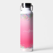 Monogram Script Naam Roze Glitter Girly Glam Bling Waterfles (Voorkant)