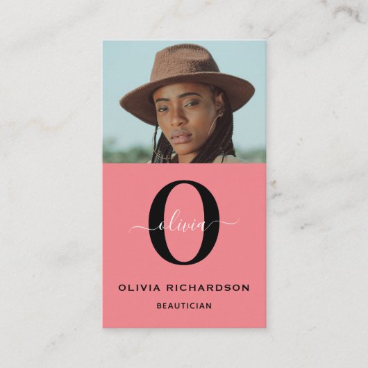 Monogram Script Naam Zwart Wit Roze Job Verticaal Visitekaartje (Voorkant)