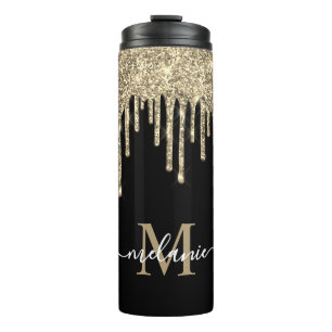 Monogram Script Name Black en Gold Glitter Drip Thermosbeker
