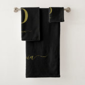 Monogram Script Name Personated Black and Gold Bad Handdoek (Insitu)