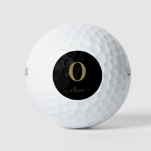 Monogram Script Name Personated Black and Gold Golfballen (Voorkant)