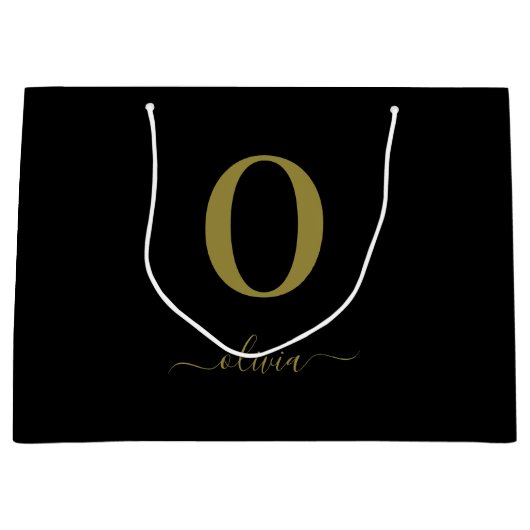 Monogram Script Name Personated Black and Gold Groot Cadeauzakje (Voorkant)