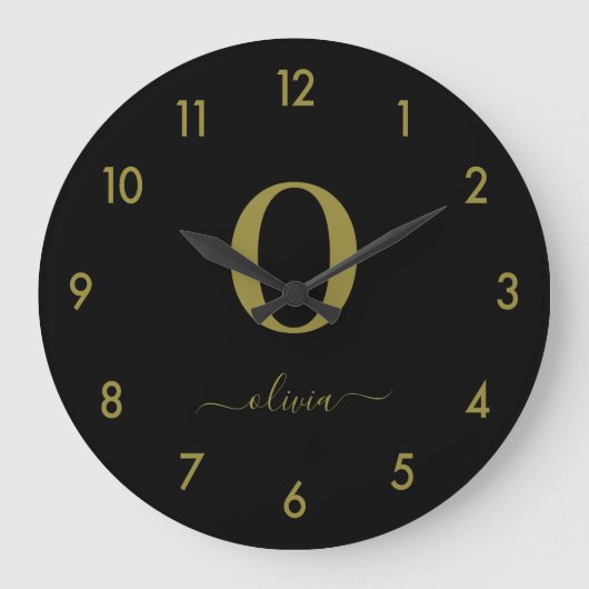 Monogram Script Name Personated Black and Gold Grote Klok (Voorkant)