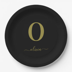 Monogram Script Name Personated Black and Gold Papieren Bordje