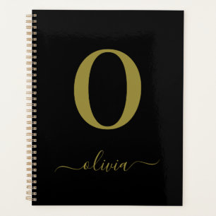 Monogram Script Name Personated Black and Gold Planner