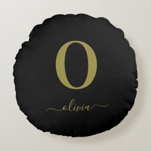 Monogram Script Name Personated Black and Gold Rond Kussen