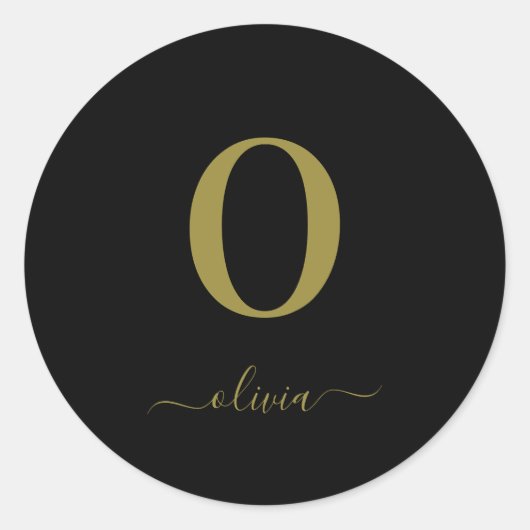Monogram Script Name Personated Black and Gold Ronde Sticker (Voorkant)
