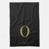 Monogram Script Name Personated Black and Gold Theedoek (Verticaal)