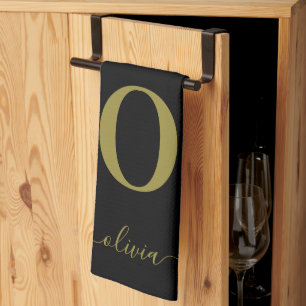 Monogram Script Name Personated Black and Gold Theedoek