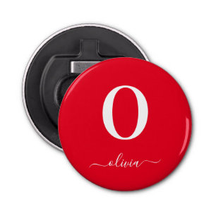 Monogram Script Name Personated Red and White Button Flesopener
