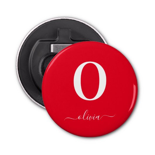 Monogram Script Name Personated Red and White Button Flesopener (Voorkant)