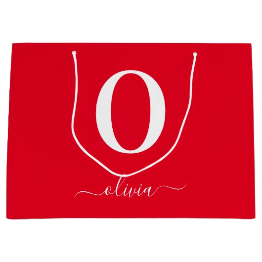 Monogram Script Name Personated Red and White Groot Cadeauzakje (Voorkant)