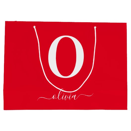 Monogram Script Name Personated Red and White Groot Cadeauzakje (Achterkant)