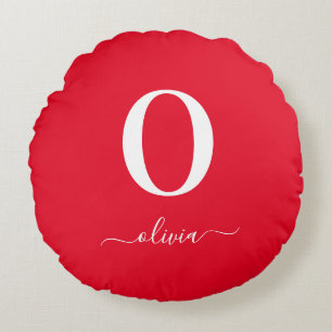 Monogram Script Name Personated Red and White Rond Kussen