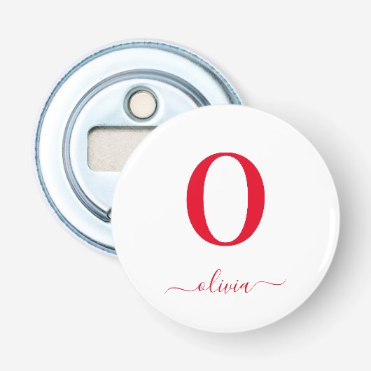 Monogram Script Name Personated White and Red Button Flesopener (Voorkant)