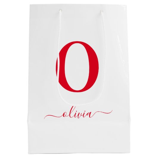 Monogram Script Name Personated White and Red Medium Cadeauzakje (Achterkant)