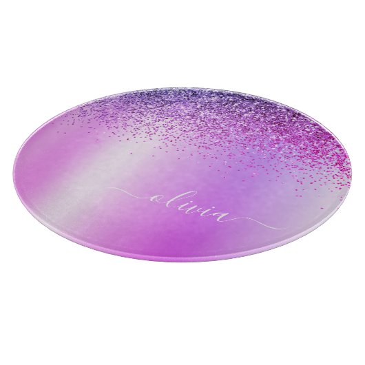 Monogram Script Paars Black Glitter Girly Name Snijplank (Hoek)